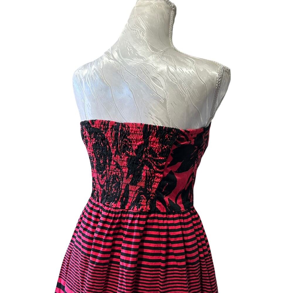 Vintage Y2K Strapless Floral Stripe Dress Smocked Back Sz Medium - Picture 13 of 14